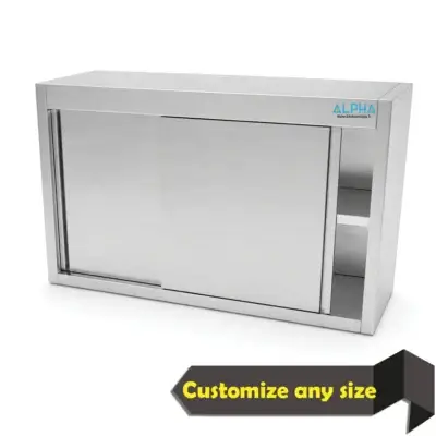 AISI 304 stainless steel wall cabinet with hinged doors and internal shelf for commercial kitchen storage.