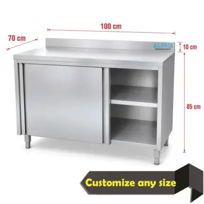 AISI 304 stainless steel base cabinet with hinged doors, middle shelf and reinforced worktop.
