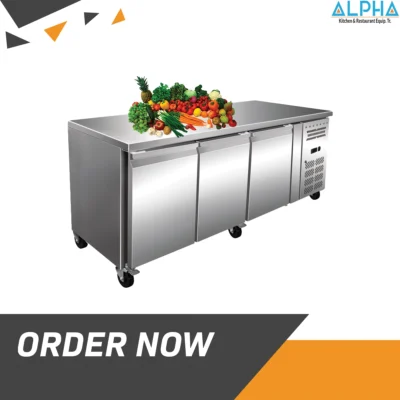 ss three door counter chiller , table top chiller, 3 door counter chiller, SS three door counter chiller for commercial kitchens, Table top chiller with stainless steel finish, 3 door counter chiller with refrigerated worktop, Stainless steel 3-door undercounter chiller unit, Restaurant counter chiller with table top design, Heavy-duty SS counter chiller with three doors, Compact table top chiller for food prep area, Commercial 3-door counter chiller for horeca use, Stainless steel tabletop refrigerator with triple doors, Chiller worktable with three refrigerated compartments, Used kitchen equipment UAE