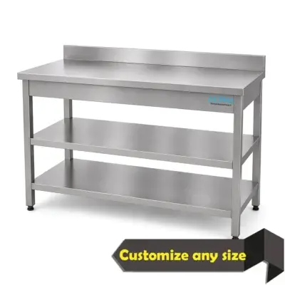 S/Steel Work Table with Splash + 2 shelves | Kitchen work table | Best Steel work table, Stainless Steel Working Table NO Splash | ss table | stainless steel work table in UAE | Best Stainless Steel Work Table in UAE | Is steel good for table? Yes | Buy steel table, stainless steel work table with backsplash and 2 shelves, stainless steel work table with adjustable legs, stainless steel utility table, stainless steel bench top
