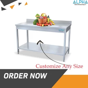 Stainless Steel Work Table + Bottom Shelf + Splash Edge | stainless steel work table in UAE | Best Stainless Steel Work Table in UAE | steel table Fabricator in UAE | ss kitchen table | Ss work table price | Stainless Steel Table | Steel table for kitchen uae, Stainless Steel Work Table with Shelf & Splash,stainless steel working table with splash, stainless steel work table UAE, stainless steel fabrication Ajman, stainless steel kitchen table Dubai, commercial kitchen work table, custom stainless steel table UAE, restaurant stainless steel table, stainless steel table with backsplash, kitchen preparation table stainless steel, Alpha Kitchen stainless steel products