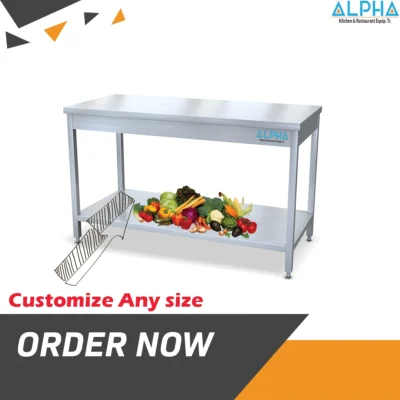 stainless steel work table, commercial stainless steel work table UAE, stainless steel preparation table, restaurant work table, hotel kitchen stainless steel table, commercial kitchen prep table, stainless steel table with undershelf, custom stainless steel work table Dubai, AISI 304 stainless steel work table, ALPHA stainless steel fabrication UAE