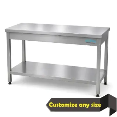 stainless steel work table, commercial stainless steel work table UAE, stainless steel preparation table, restaurant work table, hotel kitchen stainless steel table, commercial kitchen prep table, stainless steel table with undershelf, custom stainless steel work table Dubai, AISI 304 stainless steel work table, ALPHA stainless steel fabrication UAE