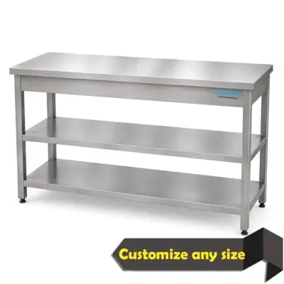 Stainless steel Work Table No Splash 2 shelves | Steel tables | Fabrication | steel fabricators dubai | commercial kitchen equipment | Restaurant Kitchen Equipment, work table double shelf, Work Table Double Over Shelves Stainless Steel, stainless steel work table no splash, stainless steel work table with 2 shelves, commercial kitchen prep table, AISI 304 stainless steel workbench, heavy duty stainless steel table, adjustable feet work table, double undershelf stainless steel table, restaurant stainless steel working table
