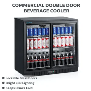 Black double door bar cooler with sliding glass doors and LED lighting.