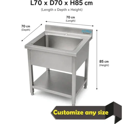 AISI 304 single bowl stainless steel sink with lower shelf for compact commercial kitchen washing.