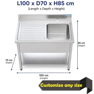 Single Bowl Stainless Steel Sink with Drain Board 100 x 70 cm