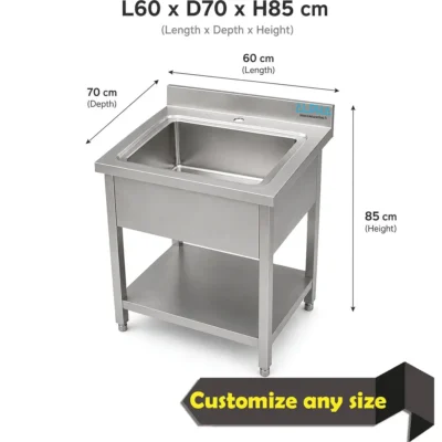 AISI 304 single bowl stainless steel sink in a compact 60 x 70 cm commercial kitchen washing station.