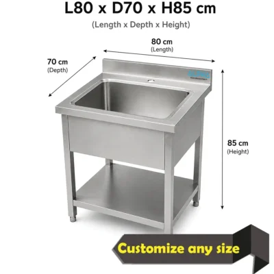 AISI 304 single bowl stainless steel sink with backsplash and undershelf for commercial kitchen washing.