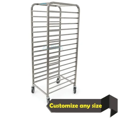 Stainless steel bakery trolley for 15 trays sized 400 x 600 mm in a commercial bakery.