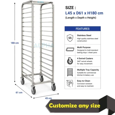 Stainless steel bakery trolley for 15 trays sized 400 x 600 mm in a commercial bakery.