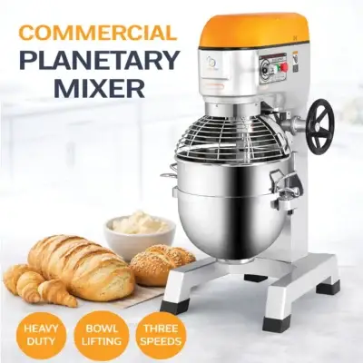 Golden Chef BT10 heavy duty 10L planetary food mixer with stainless bowl and attachments.