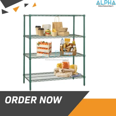 Green Epoxy Wire Shelving 120, reen epoxy wire shelving 120cm 4-tier, waterproof commercial wire rack UAE, adjustable stainless steel shelving Dubai, heavy-duty green epoxy storage shelf, commercial kitchen wire shelving Abu Dhabi