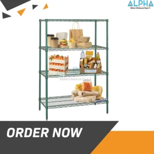 Green Epoxy Wire Shelf 90وGreen epoxy wire shelving 90cm compact 4-tier, space-saving commercial wire rack UAE, waterproof narrow storage shelf Dubai, epoxy coated wire shelving for cold rooms, compact kitchen storage rack Abu Dhabi