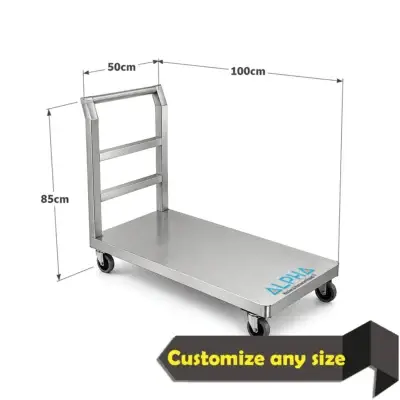 Stainless steel platform trolley with flat reinforced deck and push handle for commercial transport.