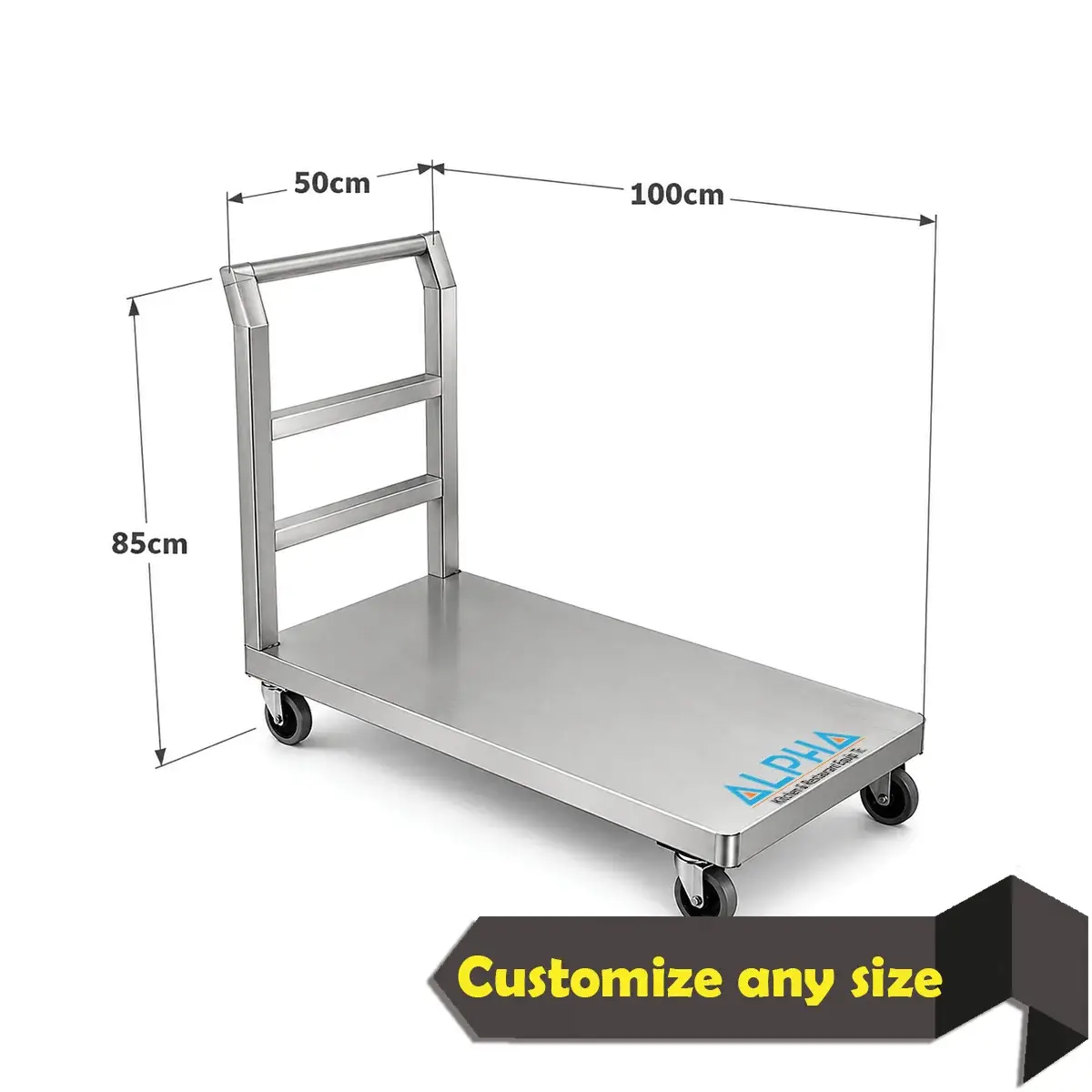 Stainless steel platform trolley with flat reinforced deck and push handle for commercial transport.