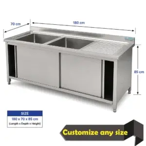 AISI 304 double bowl stainless steel sink with backsplash for commercial kitchen washing and rinsing.