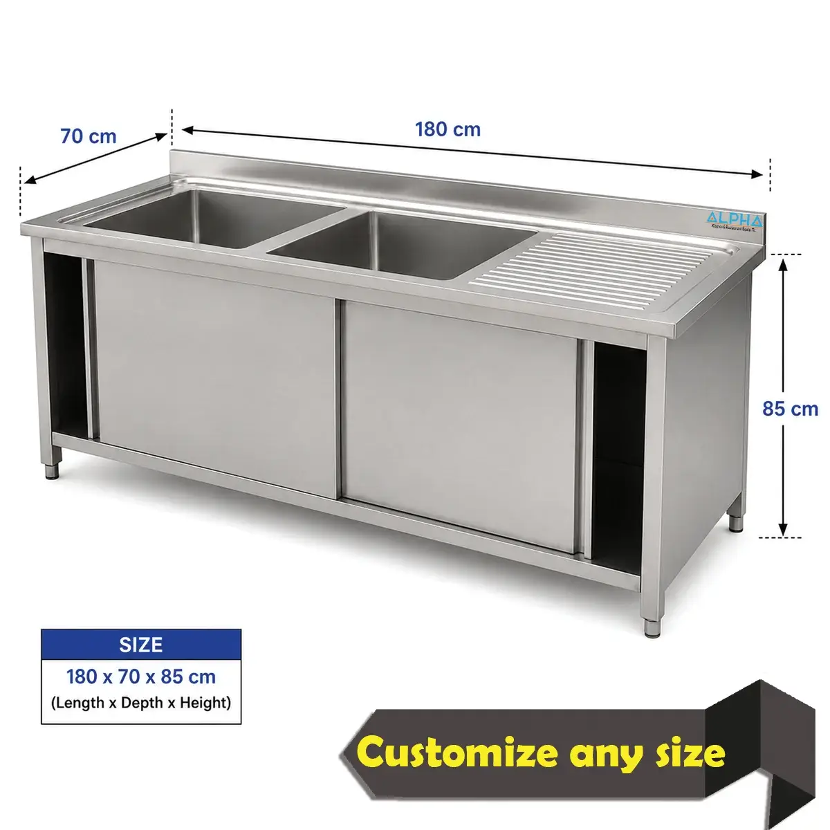 AISI 304 double bowl stainless steel sink with backsplash for commercial kitchen washing and rinsing.