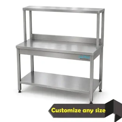 Stainless Steel Work Table with Over Shelf | steel fabricators | Fabrication | steel fabrication Dubai | stainless steel work table with backsplash