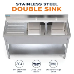 Double Bowl Sink 140, BEST SINK BOWL , Stainless Steel Double Bowl Sink 1400mm with drainboard for commercial kitchens in Riyadh and Doha, Dubai