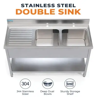 Double Bowl Sink 140, BEST SINK BOWL , Stainless Steel Double Bowl Sink 1400mm with drainboard for commercial kitchens in Riyadh and Doha, Dubai