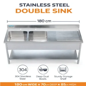 Double Bowl Sink 180, Stainless Steel Double Bowl Sink 1800mm with drainboard for commercial kitchens in UAE, Double Bowl Kitchen Sinks