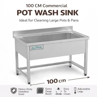 Stainless steel pot wash sink with deep bowl and rear splashback for compact commercial kitchen washing.