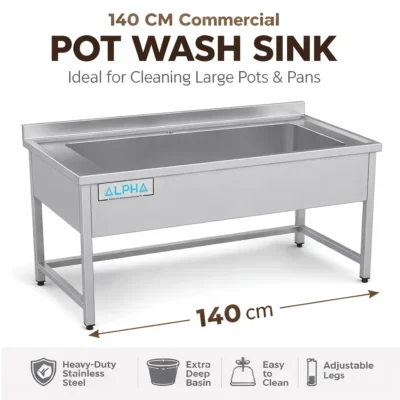 Stainless steel pot wash sink 140 cm with deep wide bowl and rear upstand for commercial kitchen washing.