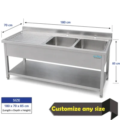AISI 304 double bowl stainless steel restaurant sink with side drain board and undershelf for commercial washing.