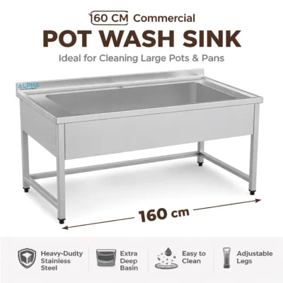 AISI 304 stainless steel pot wash sink 160 cm with extra-wide deep bowl for commercial kitchen washing.