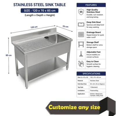 AISI 304 stainless steel single bowl sink with right-side drain board, backsplash and undershelf for commercial kitchens