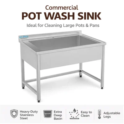 Stainless steel pot wash sink 120 cm with deep bowl and rear backsplash for commercial kitchen washing.