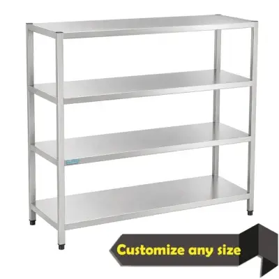Stainless steel stand with four shelves for commercial kitchen storage and organization.