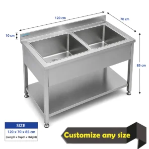 AISI 304 stainless steel double bowl sink with undershelf and backsplash for commercial kitchen washing.
