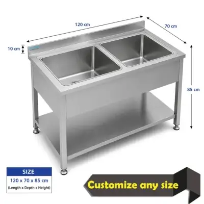 AISI 304 stainless steel double bowl sink with undershelf and backsplash for commercial kitchen washing.