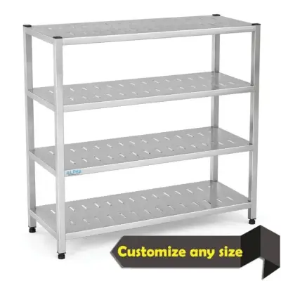 Perforated stainless steel stand with four shelves for ventilated commercial kitchen storage
