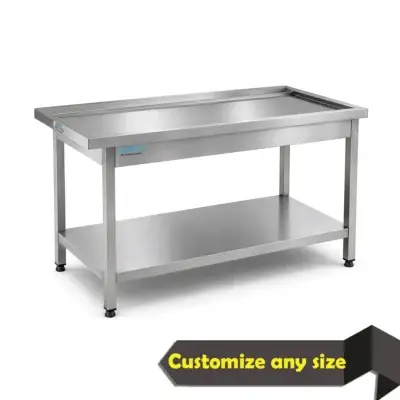 Stainless steel dishwasher exit table for clean rack handling in commercial dishwashing areas.