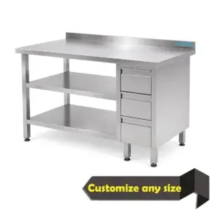 stainless steel table with 3 vertical drawers, work table drawer unit 3, stainless steel work table with drawers UAE, commercial kitchen table with drawers, restaurant preparation table with drawers, hotel kitchen stainless steel drawer table, stainless steel prep table with drawer unit, custom stainless steel table Dubai, AISI 304 stainless steel work table, ALPHA stainless steel drawer table UAE