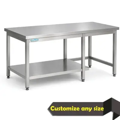 Stainless steel worktable with half bottom shelf for commercial kitchen preparation and storage.