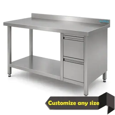 Stainless steel work table with two drawers for commercial kitchen preparation and utensil storage.