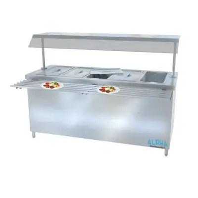 commercial 5 GN bain marie with hot cabinet, tray slider, and glass sneeze guard.