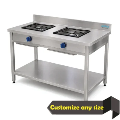 Stainless steel Indian cooker with two burners for heavy-duty restaurant and catering kitchen cooking.