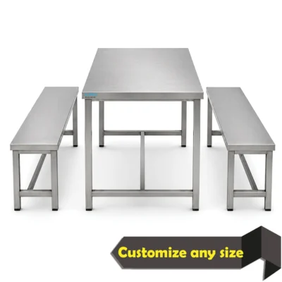 Stainless steel dining table with fixed benches for staff canteen and commercial dining areas.
