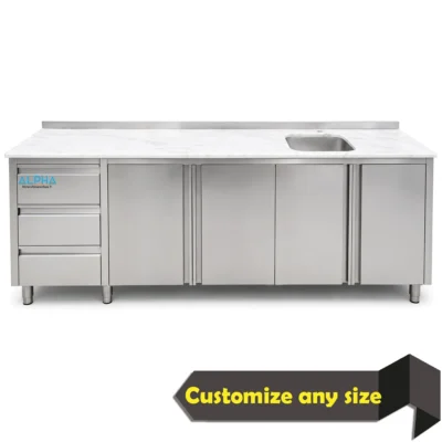 Stainless steel base cabinet with marble top and 3 drawers for commercial kitchen preparation.