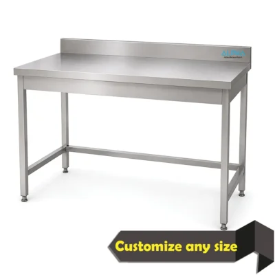 Stainless steel work table without shelf and backsplash for open commercial kitchen preparation.