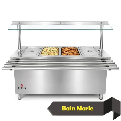 Four-pan stainless steel Bain Marie with glass sneeze guard, tray slider and lower storage cabinet.