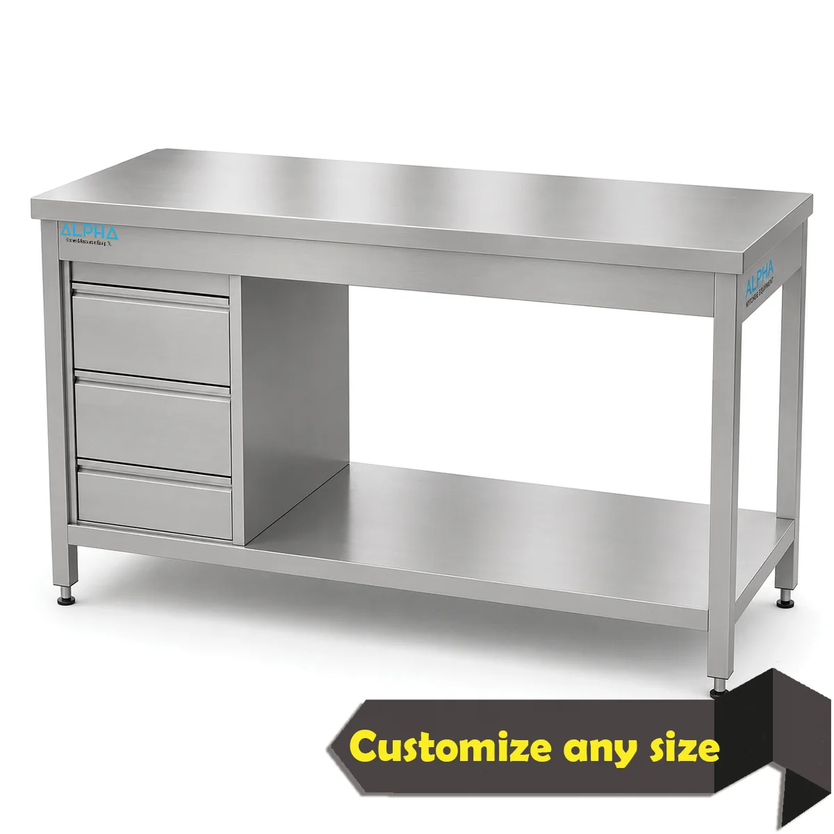 steel table with drawers, stainless steel table with drawers UAE, commercial kitchen work table with drawers, restaurant preparation table with 3 drawers, stainless steel work table with shelves, fully welded stainless steel table, INOX work table with drawer unit, kitchen packing table with drawers, heavy duty stainless steel work table UAE, ALPHA steel table with drawers