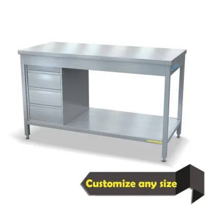steel table with drawers, stainless steel table with drawers UAE, commercial kitchen work table with drawers, restaurant preparation table with 3 drawers, stainless steel work table with shelves, fully welded stainless steel table, INOX work table with drawer unit, kitchen packing table with drawers, heavy duty stainless steel work table UAE, ALPHA steel table with drawers