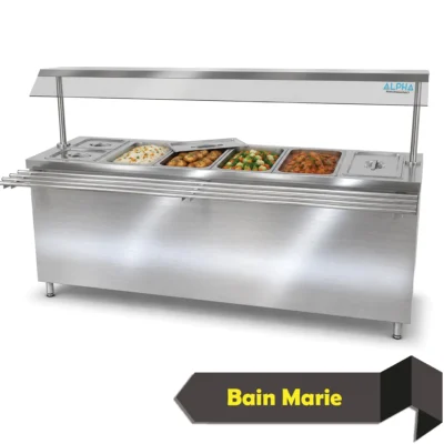 Six-pan stainless steel Bain Marie with glass sneeze guard, tray slider and lower storage cabinet.