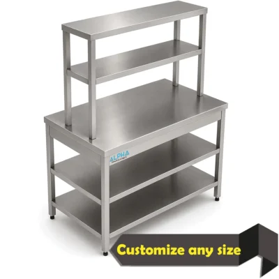 Stainless Steel Work Table with 2 Shelves, Stainless steel table with two welded shelves for commercial kitchen preparation and storage.